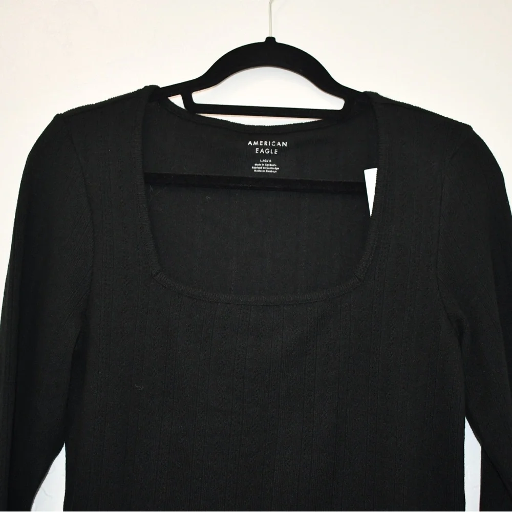American Eagle Black Ribbed Long Sleeve Top Square Neck Fitted Basic NWT Size L - Picture 3 of 6
